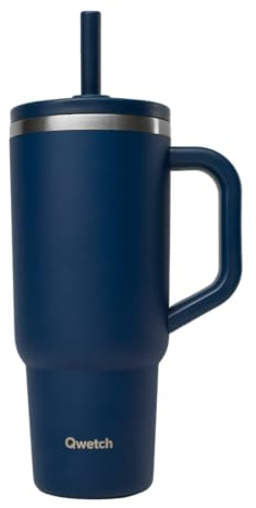 QWETCH Tazza da Viaggio Isotermica 900ml Ermetica con Cannuccia Pieghevole – Tazza Isotermica in Acciaio Inox Riciclato con Manico – Mantiene il Ghiaccio per 48h / il Freddo per 12h – Bicchiere