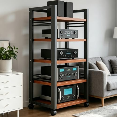 Mobile Giradischi, 5/7 Rack Audio Mobile Porta Stereo Hi Fi Con Ruote Universali, Amplificatore Mobiletto Regolabile，Scaffale AV Per Rack HiFi Mobiles, per Porta Vinili(Teak,5tier)