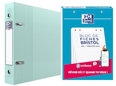 OXFORD 1 Bloc de 30 Fiches Bristol A5 148X210 petits carreaux, avec 1 Classeur A5 bleu