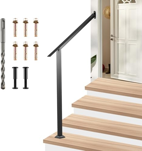 COSTWAY Outdoor Handrails for Stairs, Fits 2 to 3 Steps Adjustable Single Post Stair Railing with Installation Kit, Galvanized Steel Exterior Banister Hand Rails for Garden Porch Entrance