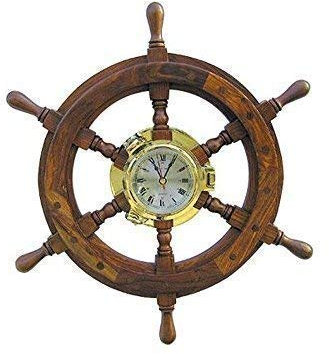 linoows Bullaugen Uhr, Marine Wanduhr im Steuerrad, Steuerrad Uhr aus Messing und Holz