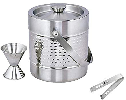 Kosma Limited Edition Designer Double Wall Stainless Steel Ice Bucket 1.5 Litre with Jigger and Ice Tongs - Ice Cube Bucket Hammered Finish
