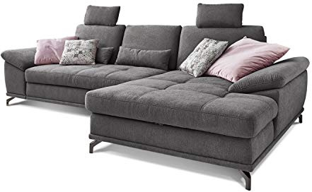 Cavadore Schlafsofa Castiel mit Federkern / Großes Sofa in L-Form mit Bettfunktion, Sitztiefenverstellung, Kopfstützen und XL-Longchair / 312 x 114 x 173 / Webstoff, Grau