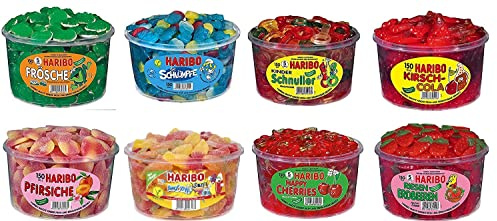 8 Dosen (10,05 Kg) Haribo Mixpaket Frösche, Schlümpfe, Schnuller, Kirsch-Cola, Pfirsiche, Magic Balla, Happy Cherries und Riesen Erdbeeren