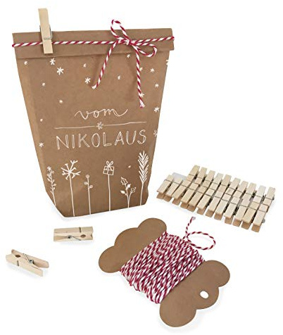 Eine der Guten Nikolaustüten Geschenktüten Set - vom Nikolaus, mit 24 gestempelten Kraftpapiertüten, Mini-Holzklammern & Deko-Garn, Geschenkverpackung, Nikolausgeschenke, 14 x 22 cm
