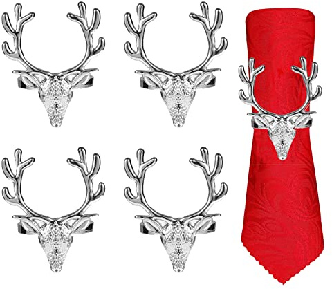 4Pcs Weihnachten Hirsch Serviettenringe Rentier Serviette Schnallen Legierung Weihnachten Elch Kopf Serviette Schnalle Tischdekoration (Silber)