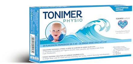 Tonimer Physio - 20 flaconcini monodose - Soluzione isotonica sterile con Cloruro di Sodio 0,9% per igiene nasale, oculare e auricolare - Anche per pulizia ferite e aerosol.
