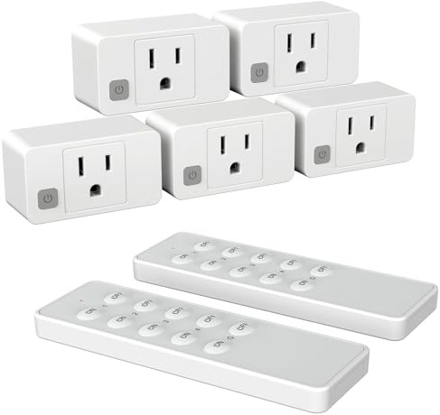 Gmornxen Wireless Remote Control Outlet Switch, Programmable Remote Plug Sockets 230ft RF Range, Remote Light Switch Kit for Household Appliances, 5 Outlets + 2 Remotes, 1800W, White