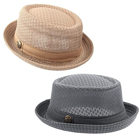 ZffXH 2/6 Stück Sommer Mesh Pork Pie Hut Cool Cooling Beach Party Cap Bootsfahrer Porkpie Breaking Bad Hat Kostüm Stroh UK, Khaki und Grau
