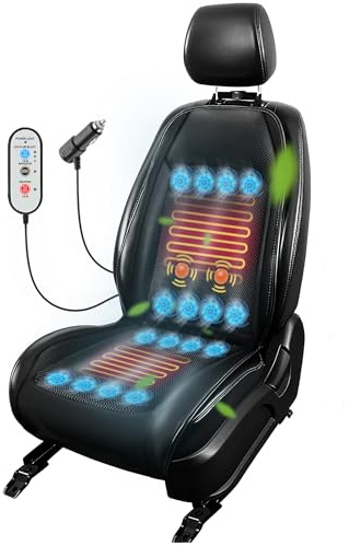 LifeUp 1 Stück Atmungsaktive Kühlende Autositzbezüge Belüftet 12V Autositzbezüge Universal Einstellbare Temperatur Autositzkissen mit 4 Hochgeschwindigkeitsventilatoren Massagefunktion (Schwarz)