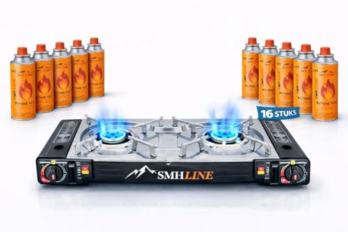 SMH LINE® Double réchaud à gaz de camping avec 16 cartouches de gaz de 227 g - Mallette de camping - Cuisinière d'extérieur - Barbecue de table - 2 feux GPL