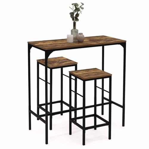 IDMarket - Ensemble Table Haute de Bar Dayton 95 cm et 2 tabourets Effet Vieilli Design Industriel