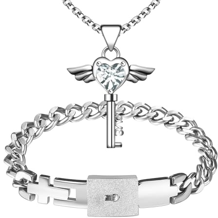 Flongo Pärchen Schloss Schlüssel Schmuckset: Silber Paare Armband Halskette Set Damen Kette mit Herz Flügel gold Zirkonia Herren Cuban Lock Armkette Edelstahl Geschenk Partner Weihnachten Valentinstag
