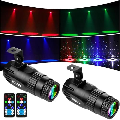 Lot de 2 15W Projecteur Boule a Facette, Czgor RGBW 4 en 1 LED Pinspot Projecteur avec Télécommande et 3 Modes d'Éclairage, LED Pin Spot Ultra-Lumineux pour Fêtes, Clubs, Bars et Mariages