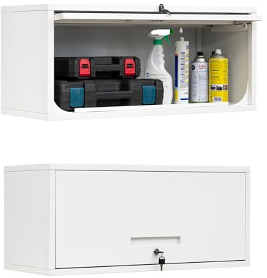 Yizosh Metal Wall Cabinet with Doors, Wall Mounted Storage Cabinet - Floating Tool Cabinet for Kitchen, Basement, Warehouse (White, 13.7 H)