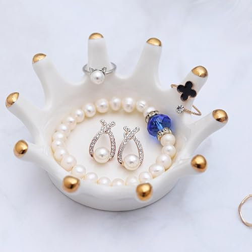 LODFOD Piatto porta anelli a forma di corona in ceramica con vassoio decorativo per gioielli piatto bianco per gioielli piatto per gioielli per anelli, orecchini, collane, bracciali, orologi, chiavi,
