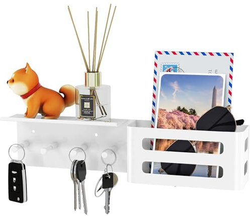 Bethom Schlüsselbrett mit Ablage, Metall Schlüsselhalter Wand mit 5 Schlüsselhaken Weiß Wandorganizer Mail Schlüsselablage Schlüsselaufbewahrung für Eingang, Haustür, Flur, Schlafzimmer, Wohnzimmer