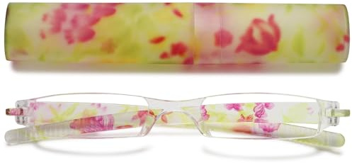 VEVESMUNDO Lesebrillen Damen Herren Kompakte Tragbare Mini Klein Schmal Modern Leichte Randlos Sehhilfe Lesehilfen Klare Arbeit Brillen Blumen Gitter mit Etui