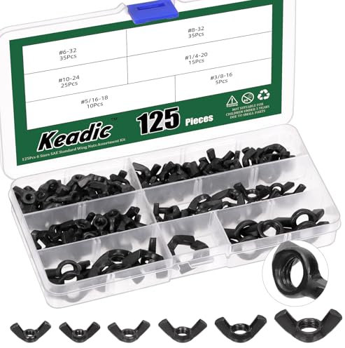 Keadic Set di 125 dadi ad ala SAE assortiti, 3/8 5/16 1/4 #10#8#6 in acciaio zincato dadi ad aletta, chiusura a mano Twist Tighten orecchio, dado a farfalla casa industria edilizia