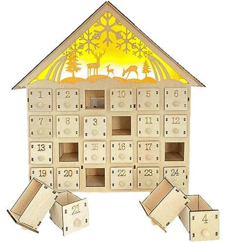 BEAHING Adventskalender i trä med 24 lådor LED julkalender tom adventskalender för att fylla dig själv nedräkning för juldekoration (inget batteri), adventskalender i trä