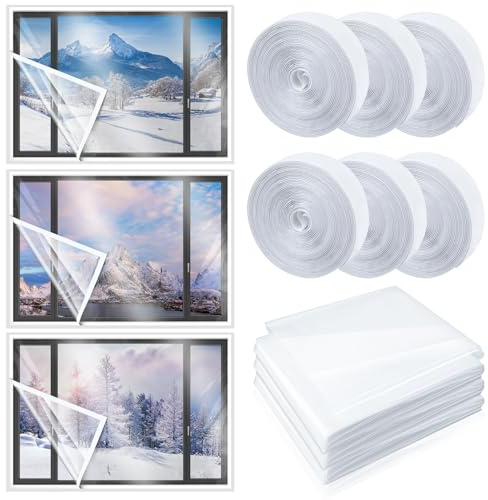 Beeveer 3 Sets 47 x 63 Inch Window Insulation Kit Cuttable Transparent Film with Adhesive Straps Reusable Window Plastic for Patio Winterizing Thicken Warm Winter Waterproof Attic Insulation Cover