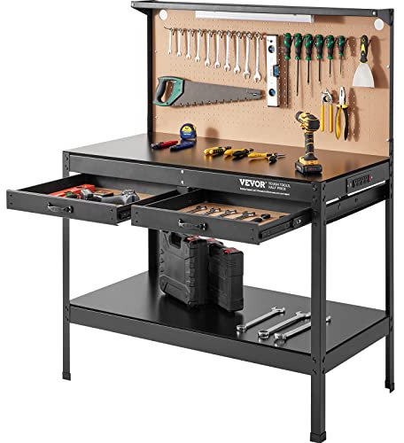 VEVOR Banco da lavoro A3 per garage max. 1500 W, banco da lavoro ad alte prestazioni, capacità 100 kg, tavolo da lavoro in legno duro da 1,5 m, cavo 4 prese AC, 2 connettori USB, 30 ganci