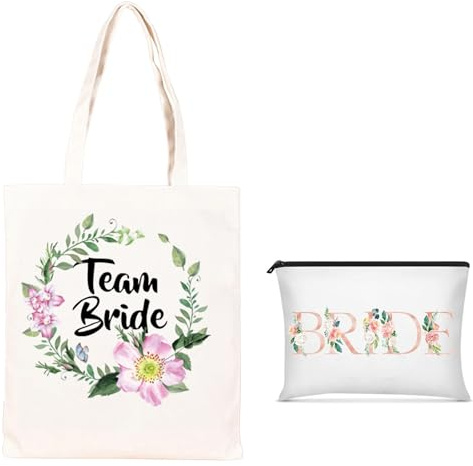 YanBous Set Accessori per Sposa 2 Pezzi – Borsa da Sposa in Tela e Pochette per Trucco, Ideale per Addio al Nubilato, Matrimonio, Fedi Nuziali & Luna di Miele, Perfetto Regalo per la Sposa