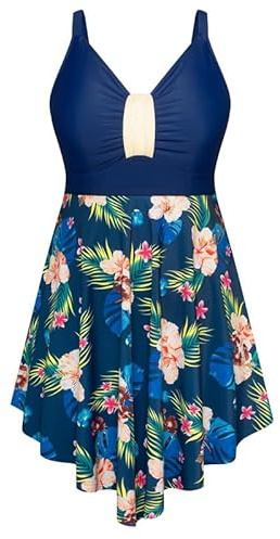 Hanna Nikole baddräkt för damer i plus size – shaping baddräkt med figurformande effekt, rynkad design och mjukt material. Strandmode med badshorts och justerbara axelband., Blå blomma, 46 plus size