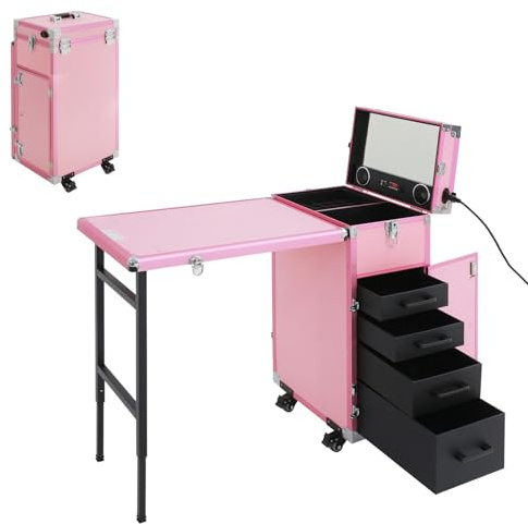 ACROSSPART Tavolo per unghie professionale portatile, pieghevole da viaggio, con altoparlante Bluetooth e specchio, ruota universale a 360°, carrello cosmetico, organizzatore di immagazzinaggio (rosa)
