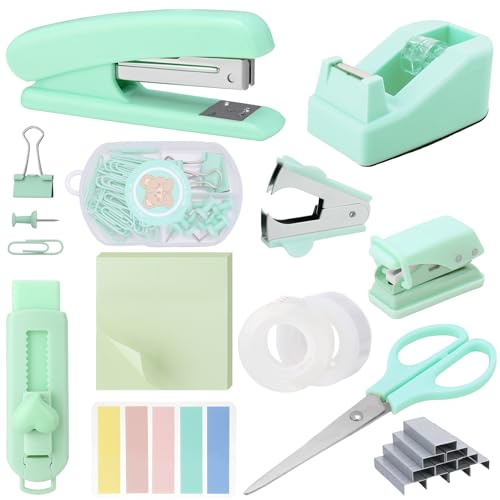 Candcamp Blaugrünes Schreibtisch-Bürobedarf-Set | Bürobedarfs-Set, Kunststoff, Metall, Hefter, Schere, Clips, Tabs, Lineal, Spender für Zuhause, Schule, Büro, 12 Stück