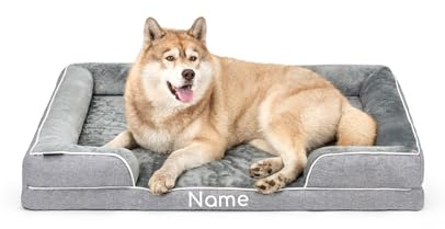 lionto orthopädisches Hundebett + erhöhter Rand, 122x89x20 cm, Hundekissen robust mit weichem Flanell, Bezug abnehmbar & waschbar, rutschfest, für kleine & große Hunde + Katzen, grau (Namensaufdruck)