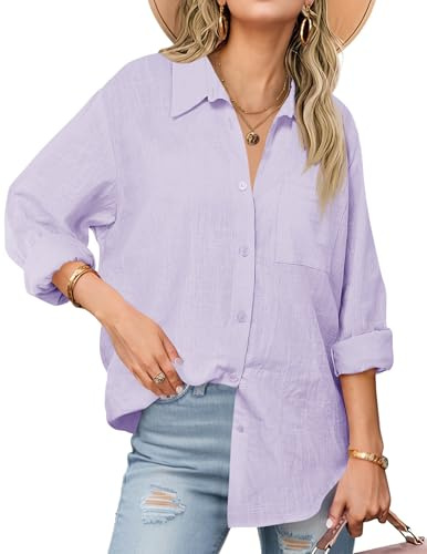 Cicy Bell Blusen Damen Oversized V-Ausschnitt Hemdbluse Langerm Locker Shirts Einfarbig Baumwolle Button Down Oberteil Casual Tops Hellviolett L