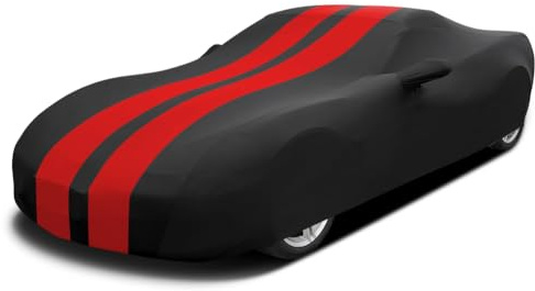 Asasytal Housses pour Auto de Sport Intérieur Complète Bâche, Tissu élastique en Velours Doux, Respirant Anti-Poussière pour Le Garage Souterrain/Auto Show, L4.18-4.6M, Rayé Rouge + Noir
