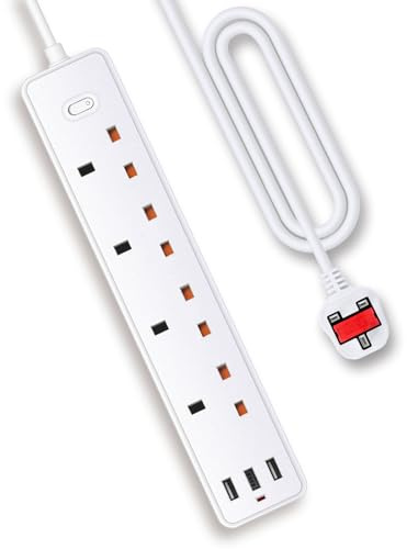 Extension Lead with 4 Way Plug Sockets,Wall Mountable Extension Socket with Individual Switches and 3 USB (1 USB C) Charging Ports,13A 3250W,1.85M Extension Cord White (White, 1.85M)