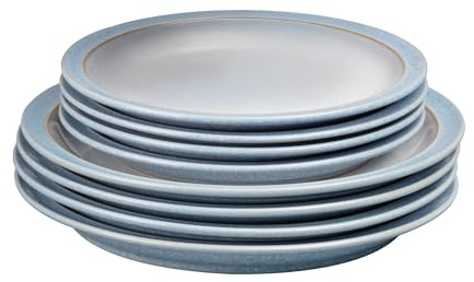 Denby - Elements Dinner & Lunch Plate 8 Piece Set - Blue Glaze, Dishwasher Safe 4 x Medium & Large Plates - Microwave & Oven Proof Stoneware Lunch & Dinner Dishes - Chip Resistant for Everyday Use