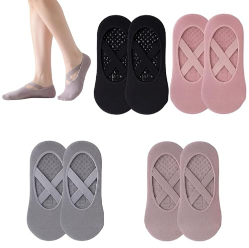 DqiUnaX Yoga Socken, 4 Paar Pilates Socken Damen 35-42, Anti Rutsch Socken Für Reformer Pilates Und Yoga, Bequeme Grip Socken in Verschiedenen Farben, Einheitsgröße