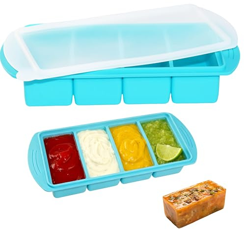 KEGOZ Silicone Freezer Tray with Lid, 1000ML Soup Freezer Containers, 4-Compartment Extra Large Soup Cube Silicone Freezer Tray for Storing Broth, Soup Cubes, Meal Prep, Sauce (Blue)