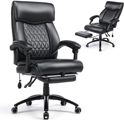COLAMY Executive PU Leather Office Chair with Inflatable Lumbar Support, 117° Recline & Retractable Footrest, Padded Headrest and Thick Cushion for Home Office or Study,Black