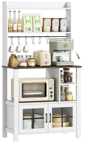 HOMCOM Alacena de Cocina Alta, Mueble Auxiliar de Cocina, con 6 Ganchos para Tazas, 2 Puertas de Vidrio, Estantes Abiertos, Blanco, 80x40x152 cm