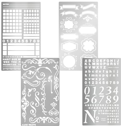 Neikafan 4 Pezzi Righello Stencil Bullet Journal Metallo Pirografia Lettere e Numeri Stencil Alfabeto Metallo Agenda Bullet Journaling Template Stencil Planner Set per Diario Scrapbook
