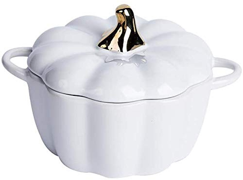 Cuenco decorativo de cerámica con tapa para coleccionar calabazas con tapa, cuenco de calabaza de cerámica con asas, caja de calabaza de porcelana fina, 250 ml, color blanco