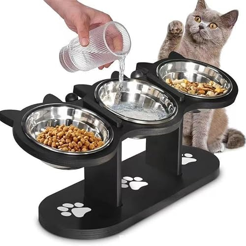 Gamelle Surélevée, Gamelle pour Chat, Gamelle Chien, Support Incliné à 15°, Hauteur Réglable, Gamelle Chien Surélevée avec 3 Bols en Acier Inoxydable, Gamelles Surélevées pour Petits Chiens et Chats