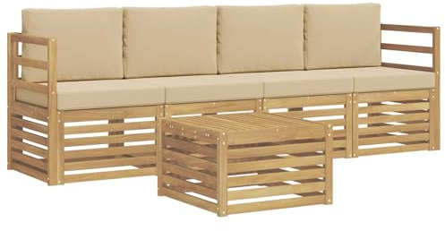 vidaXL Outdoor-Sofagarnitur mit Kissen 5 pcs Weiß und Beige Polyester, Garten Lounge-Sofa, strapazierfähige Außensitzgruppe, modernes Terrassenmöbel, bequemer Wohnbereich