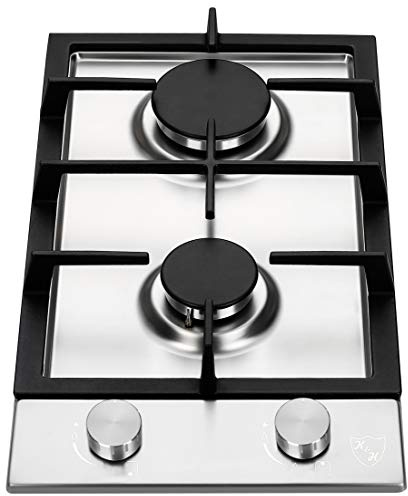 K&H Domino Edelstahl Gaskochfeld 30cm [2 ZONEN] - Gasherdplatte Erdgas - Propangasherd Elektronisch - 2Z-KHSS - Autark - Gusseisen Topfträger - Offen - 4200W - Metall Drehknöpfe - Abschaltautomatik