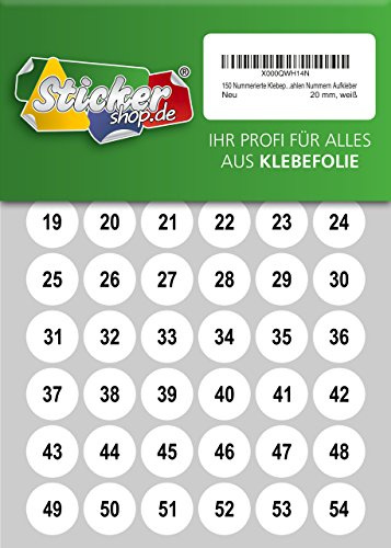 150 nummerierte Klebepunkte, 20 mm, weiß, aus PVC Folie, wetterfest, Markierungspunkte Kreise Punkte Zahlen Nummern Aufkleber