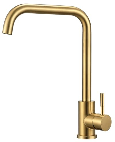 Hapilife Brushed Gold Tap Brass Single Lever Square Kitchen Sink Mixer Tap | L-shaped 360° Swivel Spout, Monobloc Kitchen Sink Taps, Splash-free Aerator, For Modern Luxury Décor, Easy 30-min DIY Install