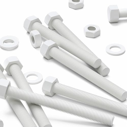 5x weiße PP-Sechskantschrauben M16 x 150 mm, Kunststoffbolzen, Muttern und Unterlegscheiben