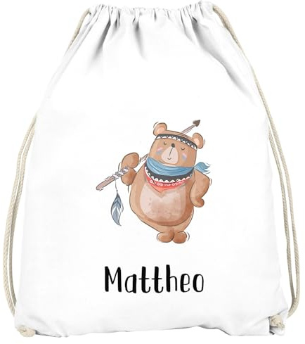 SpecialMe® Kinder Turnbeutel personalisiert mit Name und Boho Bär Namensaufdruck Weiss unisize