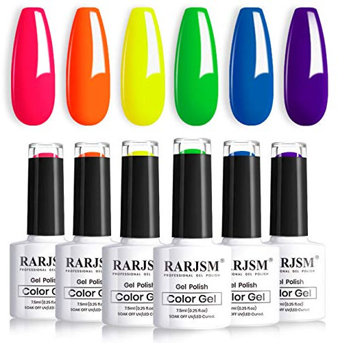 RARJSM Neon Orange Gel Polishes,Gel Nail Polish Kit,Neon GelVarnish 6 Colours Yellow Blue Green Red Purple Gelpolish Set Party Club Favor Soak Off UV LED Lamp Curing,7.5ml Each Bottle