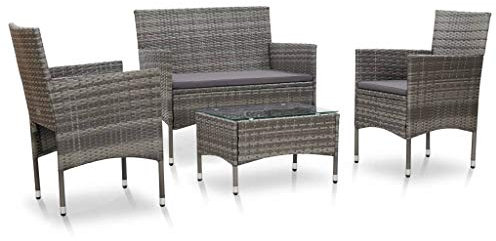 Tidyard 4-TLG. Polyrattan Gartengarnitur Gartenmöbel Garten-Set Sitzgruppe Loungeset Loungemöbel 2-Sitzer-Sofa & Sessel & Couchtisch Garten Lounge Set mit Auflagen Poly Rattan Grau